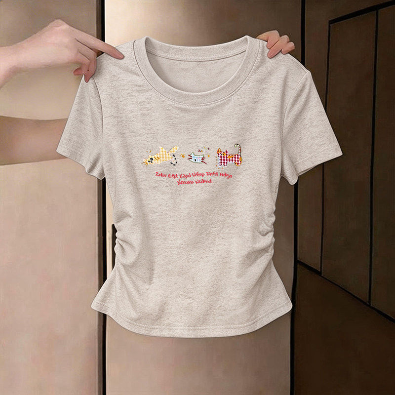 正肩短袖T恤女内搭夏季新款设计感褶皱收腰修身显瘦短款打底小衫