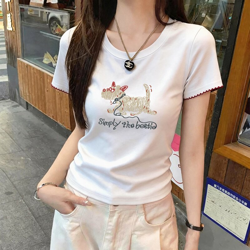 韩版拼接花边袖口棉质圆领短袖T恤女漫画设计感夏季百搭休闲上衣