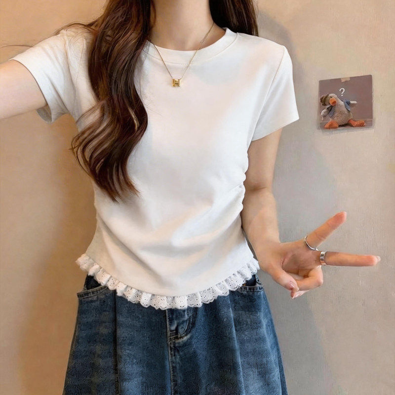 白色蕾丝花边拼接短袖t恤女夏季2026春夏小个子短款纯欲风上衣ins