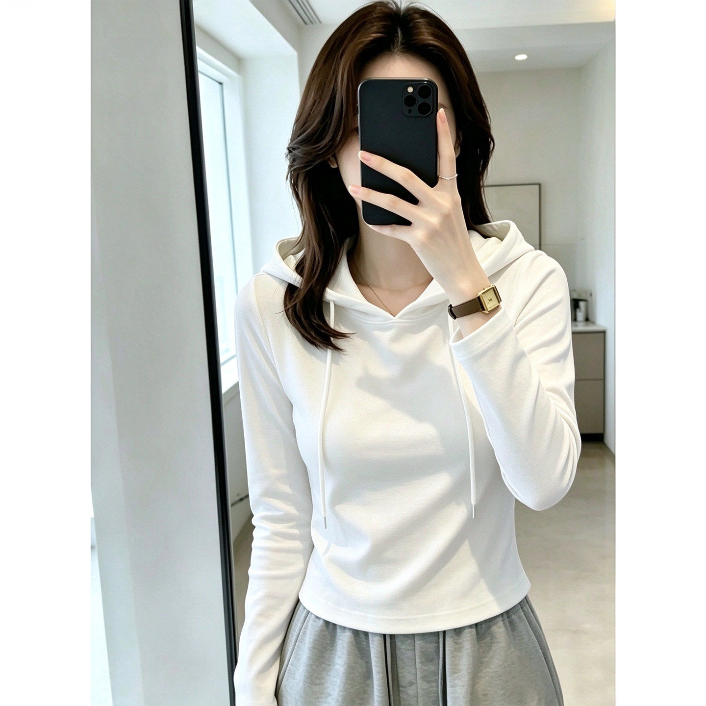 韩系减龄百搭连帽长袖卫衣女2026秋冬新款帽衫设计感修身T恤上衣