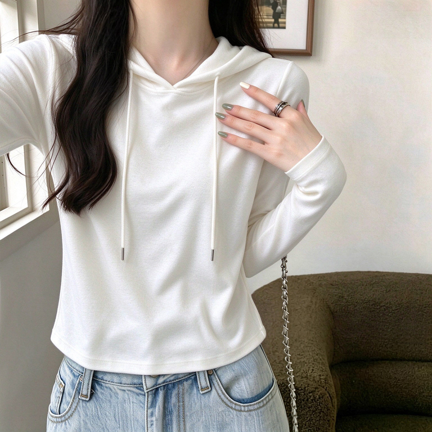 秋冬短款抽绳连帽卫衣女修身