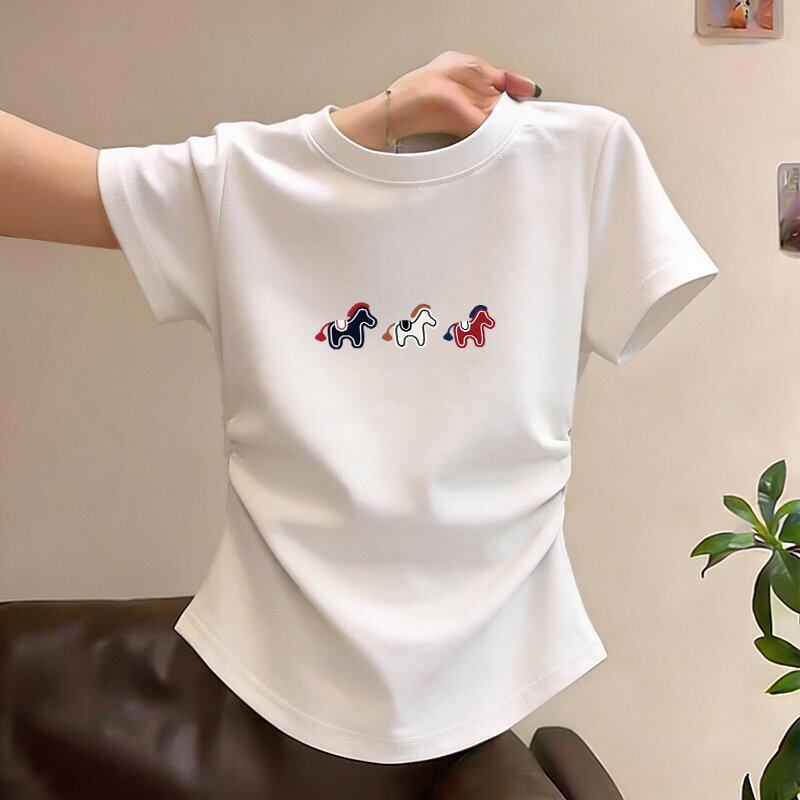 圆领辣妹设计感褶皱短款t恤女夏季新款修身短袖白色上衣高腰显瘦