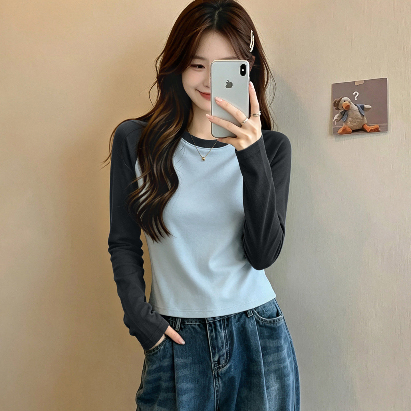秋冬棉质女撞色插肩修身长袖T恤
