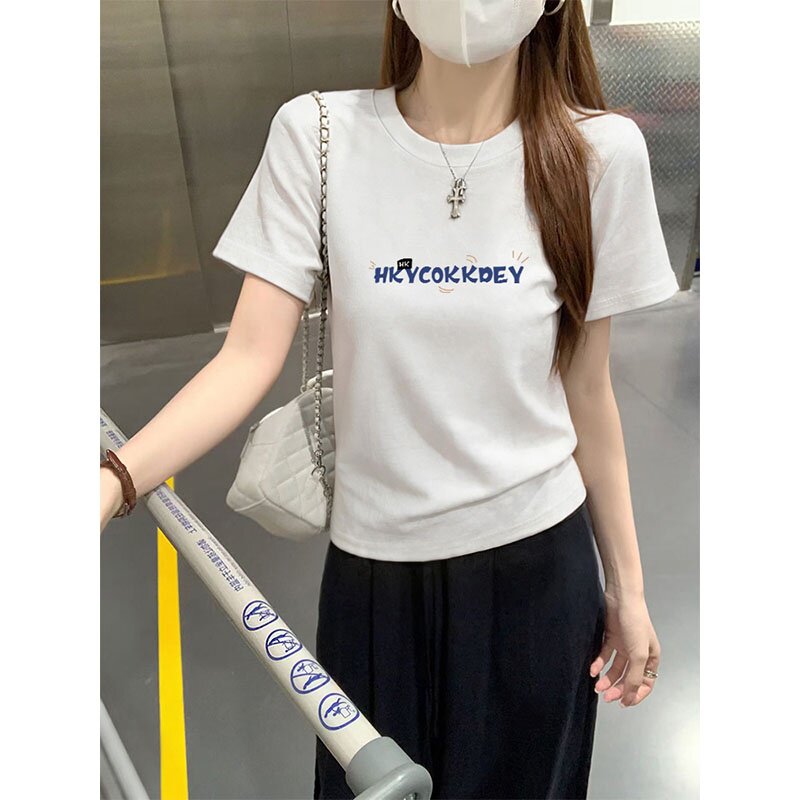 白色短袖正肩t恤女棉质春夏季新款圆领短款显瘦基础百搭体恤上衣