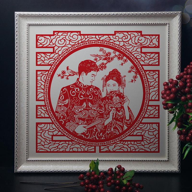 中国风送老外非遗手工结婚纱照剪纸装饰画定制做生日谢师礼物摆件