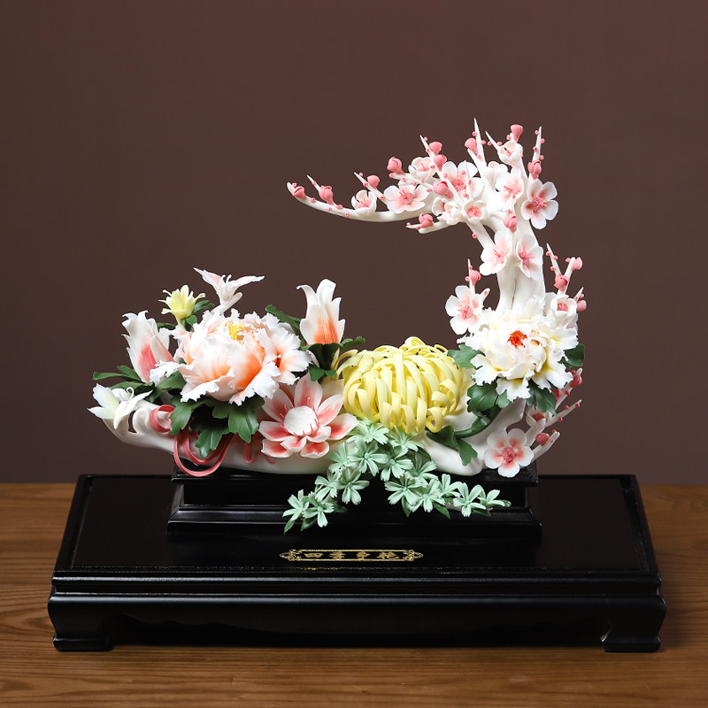 东方泥土 中式陶瓷花摆件 客厅玄关手工装饰品乔迁礼品/四季争艳