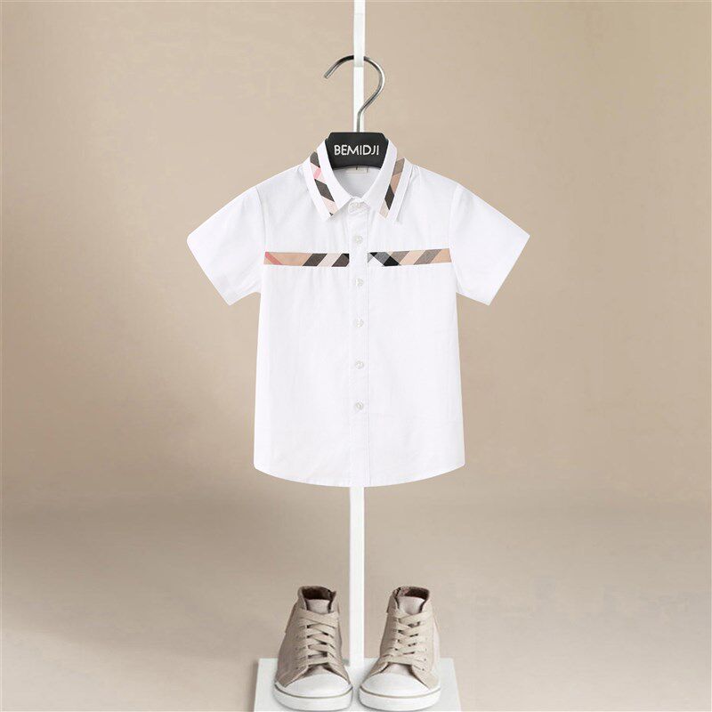 夏季男童学院风白色衬衫薄款儿童衬衣纯棉男宝宝格子t恤衫伯米吉