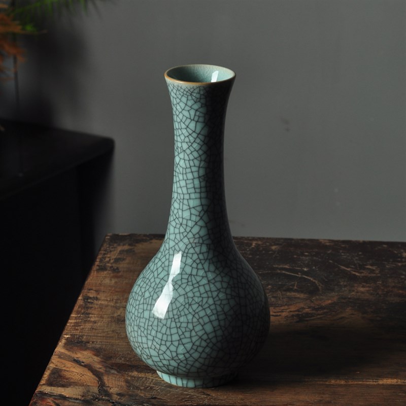 青瓷花瓶摆件 客厅插干花器家居装饰品 哥窑玉壶春书房博古架摆设