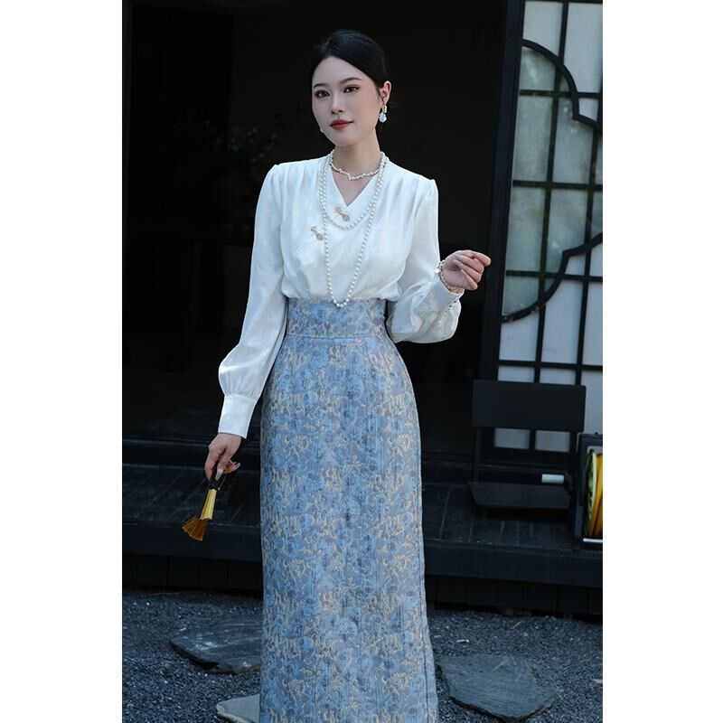 鹿与玫瑰新中式长袖女士衬衫女气质设计感法式白色上衣套装半身裙