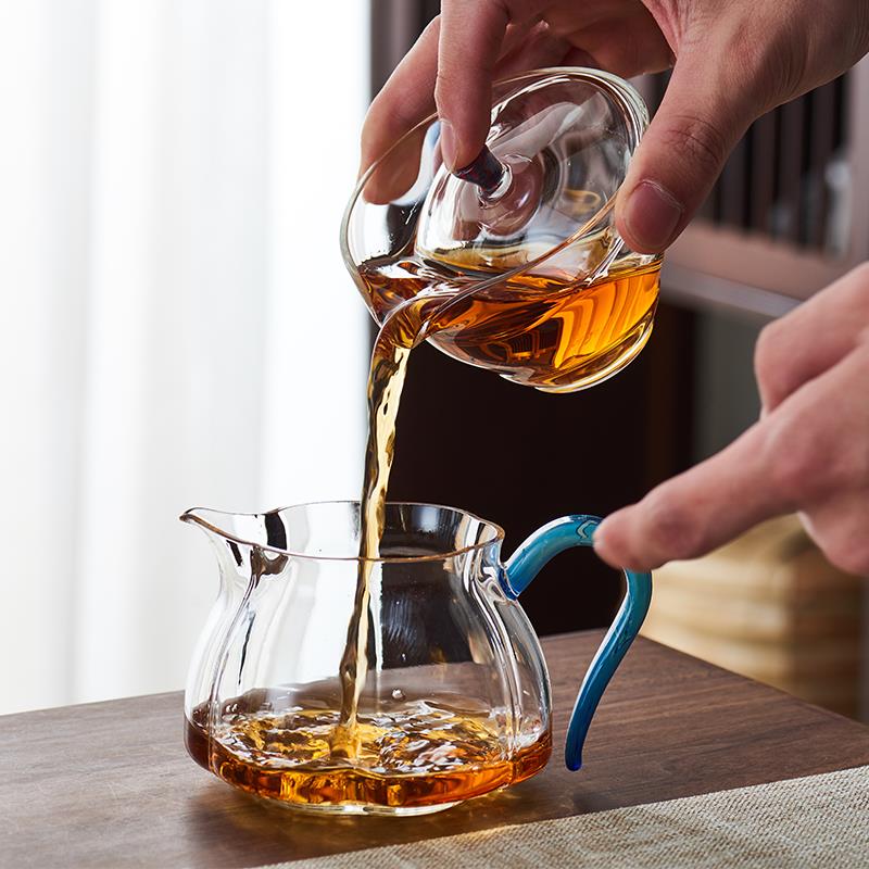 耐热玻璃手工高级分茶器公道杯加厚茶具家用多彩带把功夫茶具套装