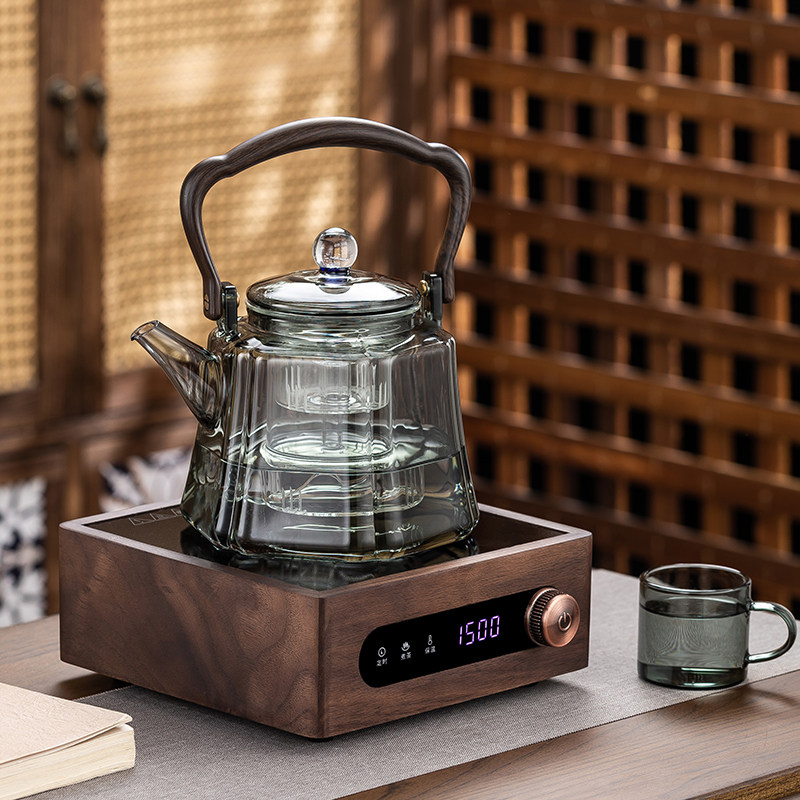 加厚耐高温玻璃蒸煮一体煮茶壶煮茶器新款烧水泡茶套装实木黑晶炉