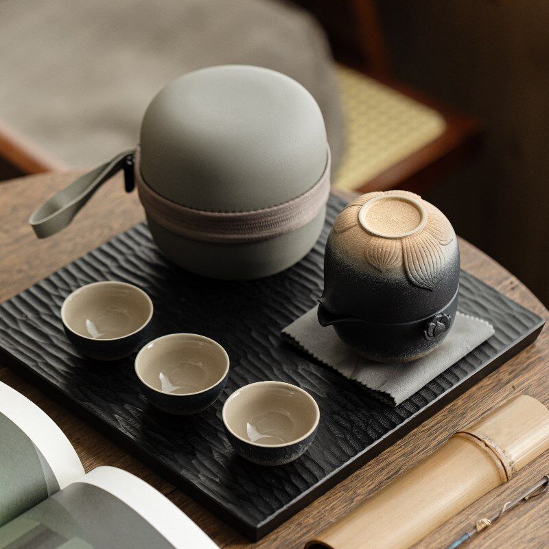 复古创意便携式旅行茶具套装陶瓷家用快客杯户外露营一壶三杯便捷