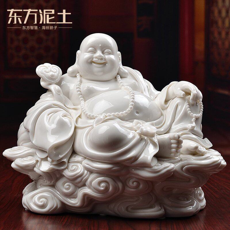 东方泥土《祥云笑佛》德化白瓷弥勒佛雕塑艺术工艺品中式家居摆件