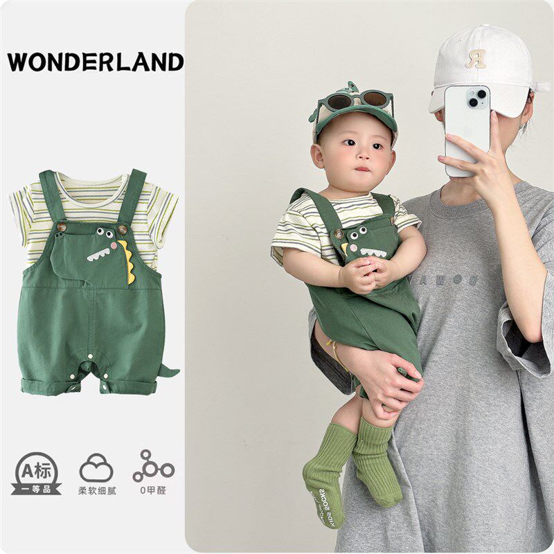 男宝宝夏季背带裤短袖套装一岁女童装2024新款婴儿衣服夏装两件套