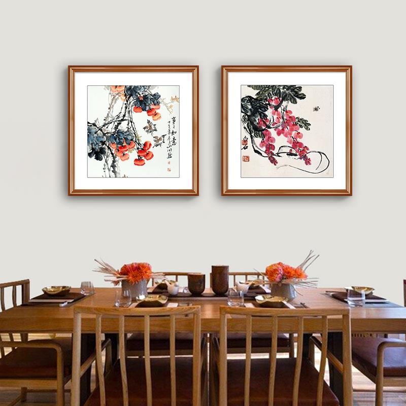 葡萄水果挂画新中式餐厅装饰画硕果累累斗方国画多子多福饭厅壁画