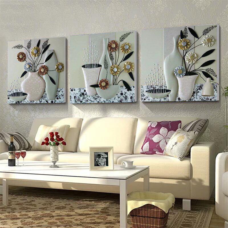 客厅沙发背景墙装饰画欧式手工立体浮雕画皮画三联画壁画卧室挂画