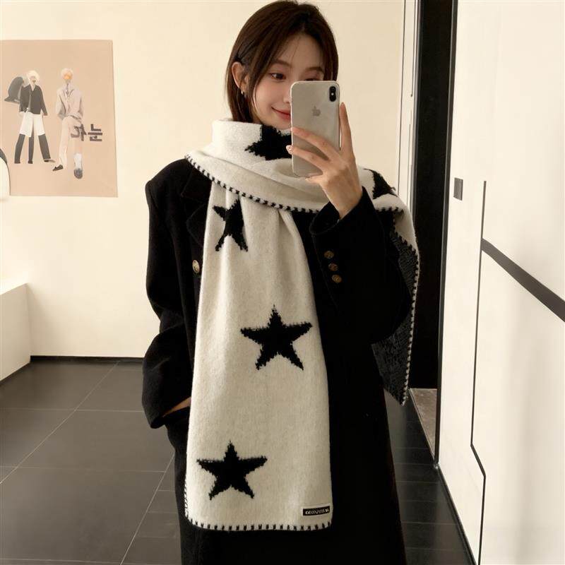 白色星星针织围巾女2025新款冬韩系氛围感加厚保暖护颈围脖披肩