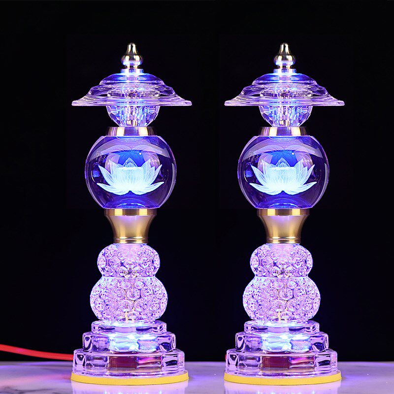 佛供灯led七彩玻璃水晶莲花灯家用神台关公佛灯观音荷花灯电仙家