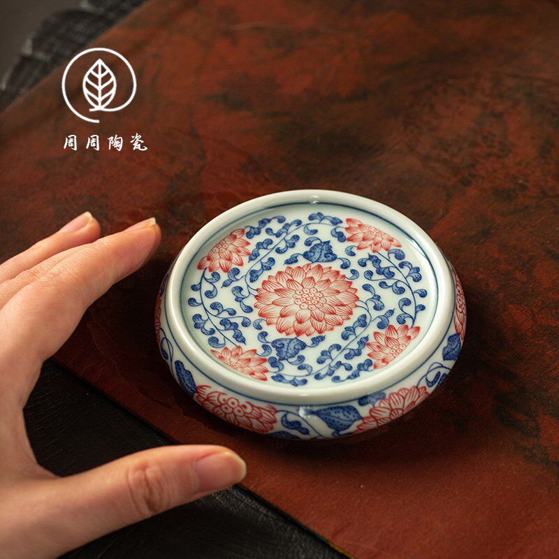 景德镇青花红缠枝莲盖置陶瓷杯垫小紫砂壶盖托壶承家用茶道零配件