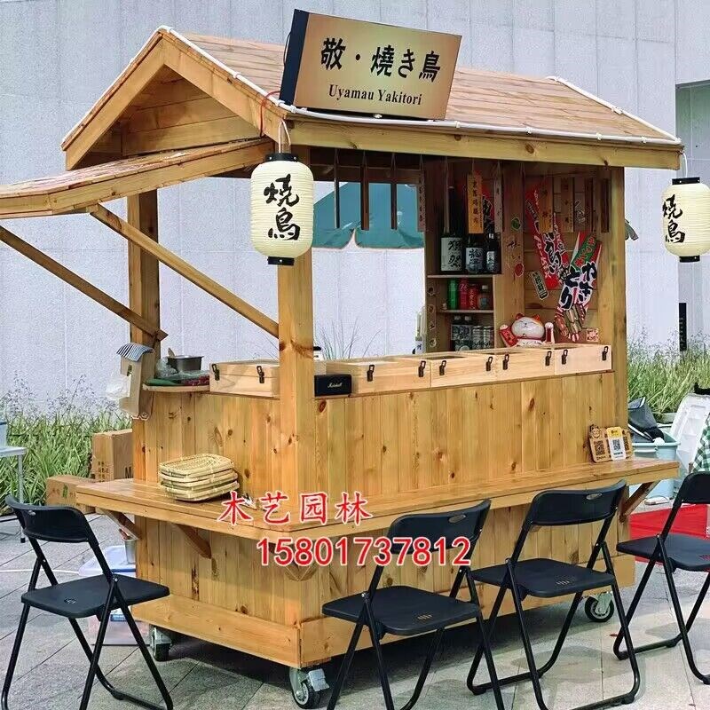 仿古餐车售卖亭小吃车防腐木贩卖货车移动木制摊位车摆摊烧鸟花车