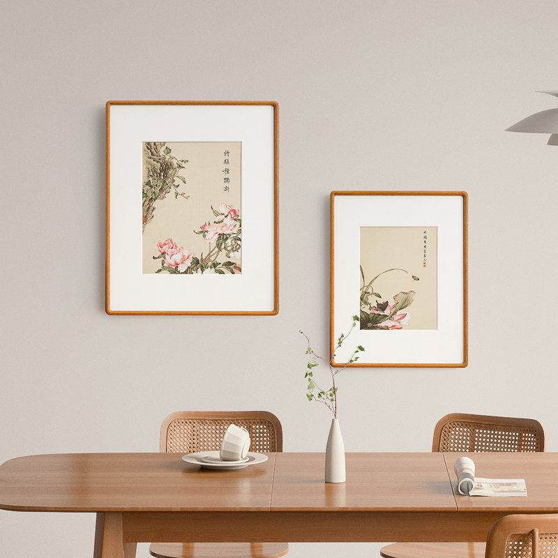 郎世宁装饰画新中式国画床头卧室餐厅花卉鸟牡丹芍药荷花四联挂画