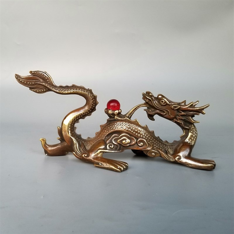 桌面铜回头龙戏珠摆件汉龙工艺品摆件装饰铜器复古书房生肖龙笔架