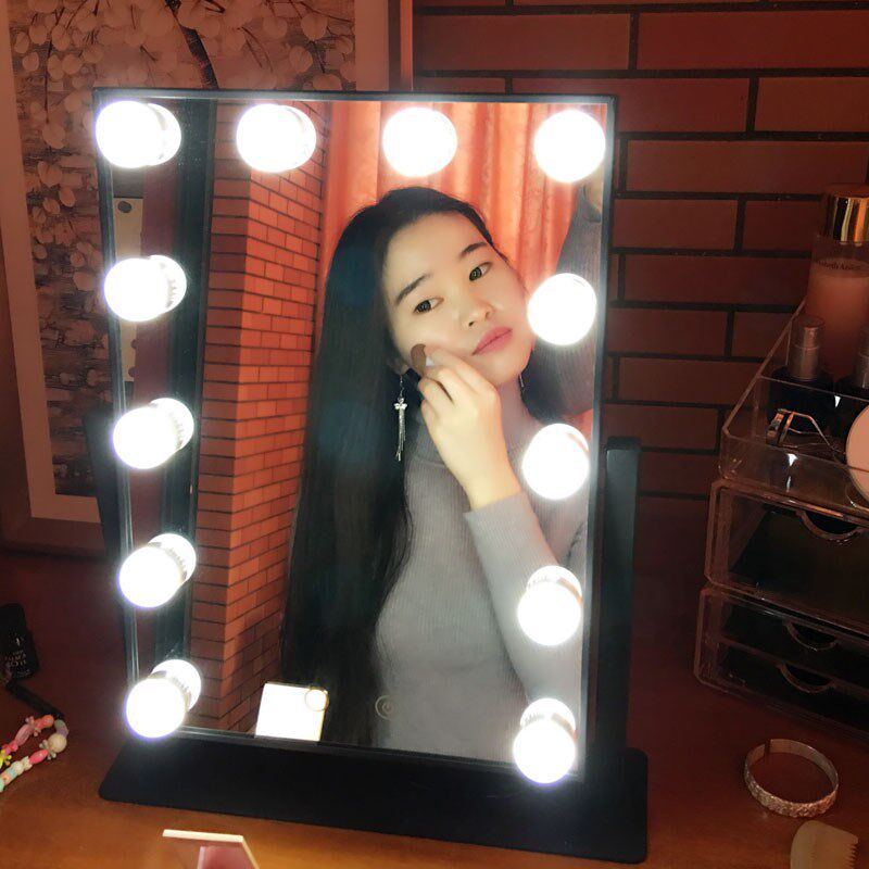 创意化妆镜带灯方形台式LED化妆镜直播美颜补光镜大号高清梳妆镜