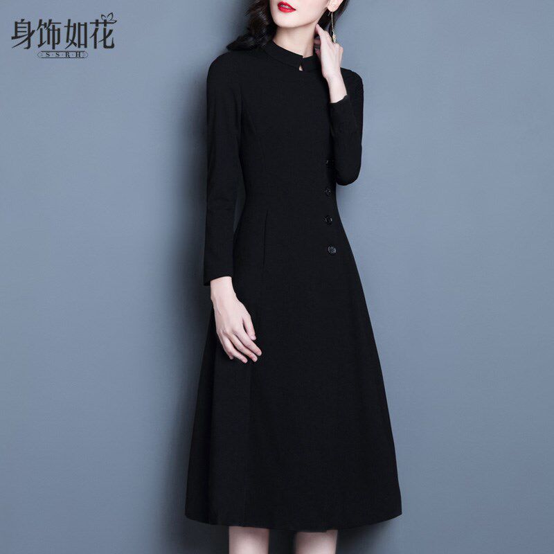 2025春秋新款淑女装气质A字小黑裙中长款长袖打底立领黑色连衣裙