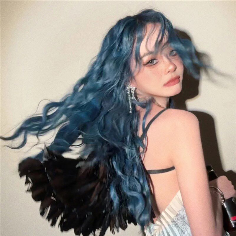羊毛卷假发蓝色中分长卷发女全头套大波浪lolita彩色y2k日常cos毛