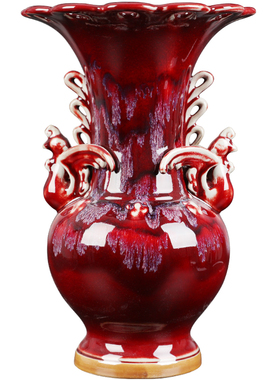 陶瓷器花瓶钧瓷雕刻凤尊红窑变家居装饰品摆件插花器艺术品工艺品
