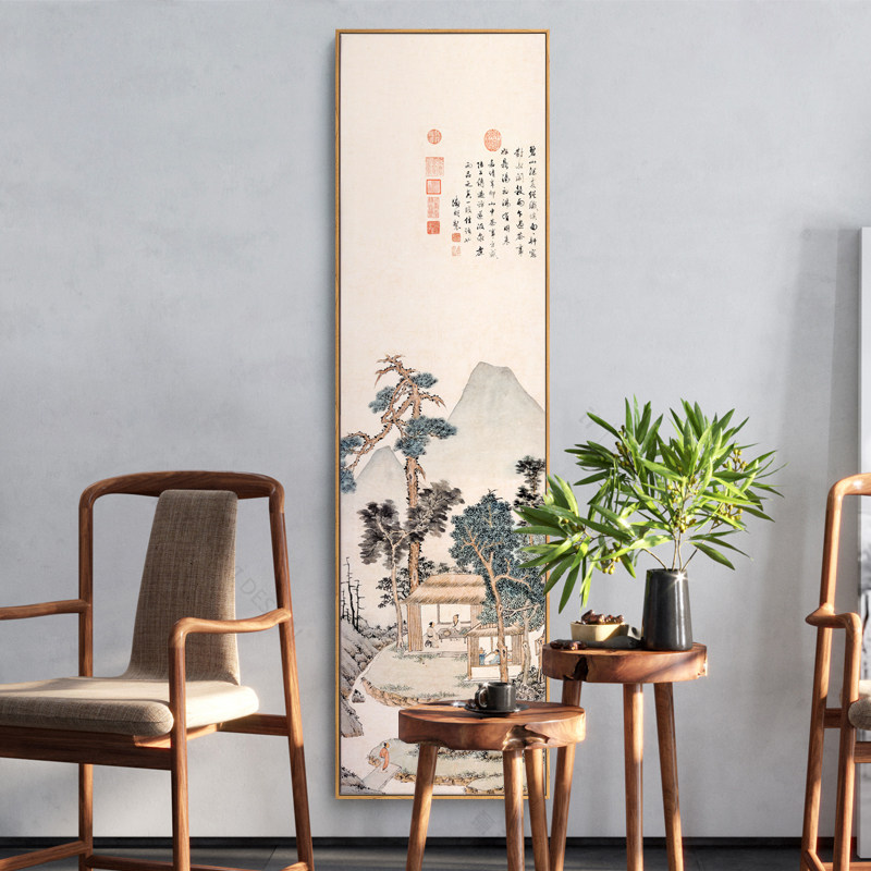 新中式装饰画竖长条大幅三四联屏字画茶室茶楼玄关书房名客厅挂画