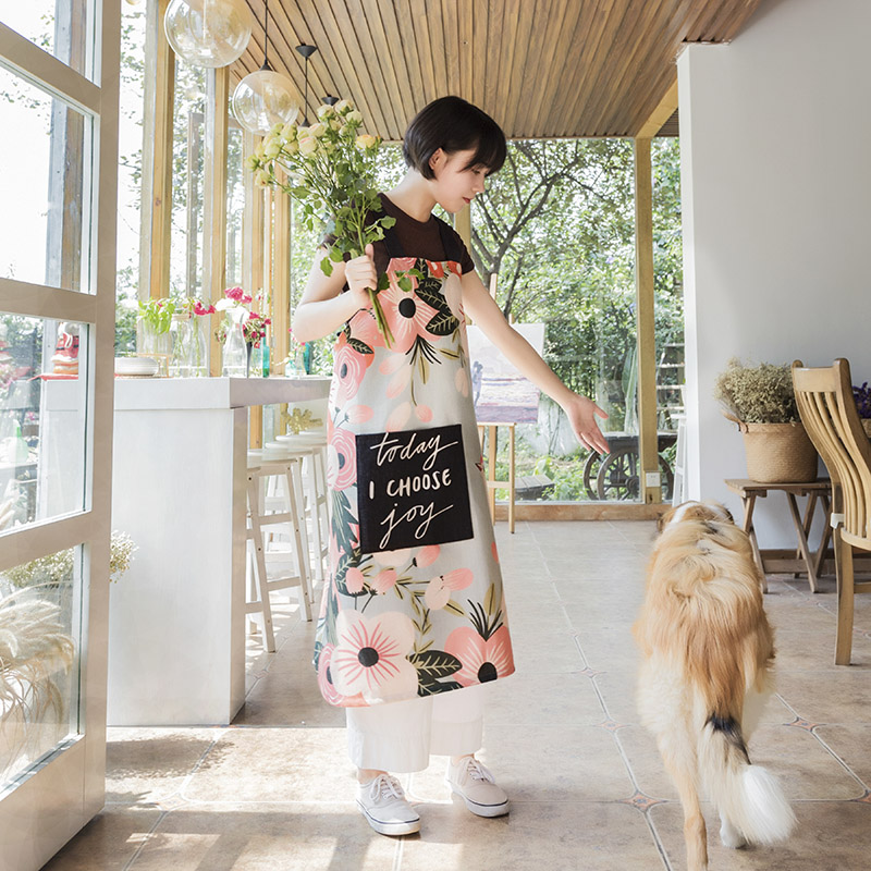 美式田园植物情侣无袖布艺家居厨房烘焙围裙做饭男女围腰厨师罩衣