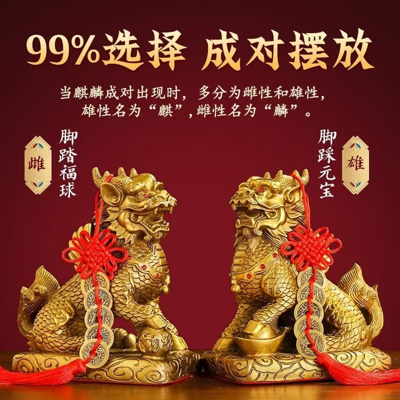黄铜麒麟摆件一对纯铜镇宅去邪玄学入门玄关招财物件高级电视机柜