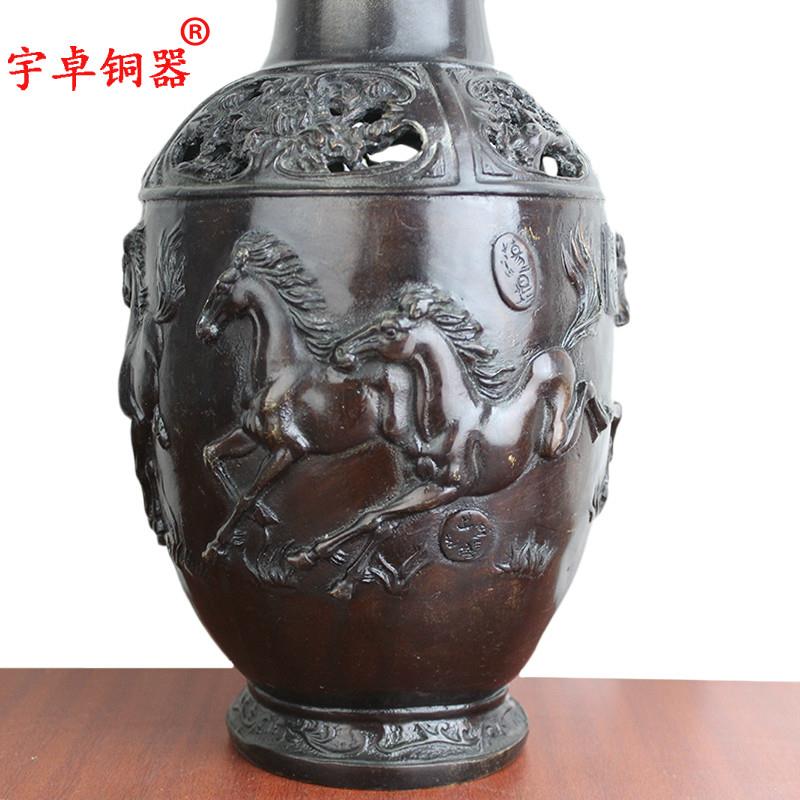 宇卓铜器纯铜花瓶黄铜花瓶年年有余 八骏马 八骏图花瓶工艺品摆件