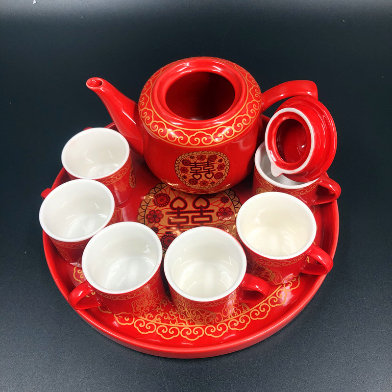 中国传统红色陶瓷结婚茶具套装创意婚庆用品长辈敬茶杯壶婚礼嫁妆