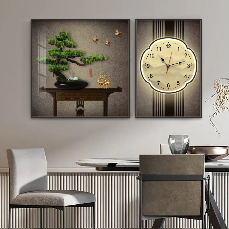 迎客松进门客餐厅两联装饰画组合挂钟办公室茶室禅意挂画新中式