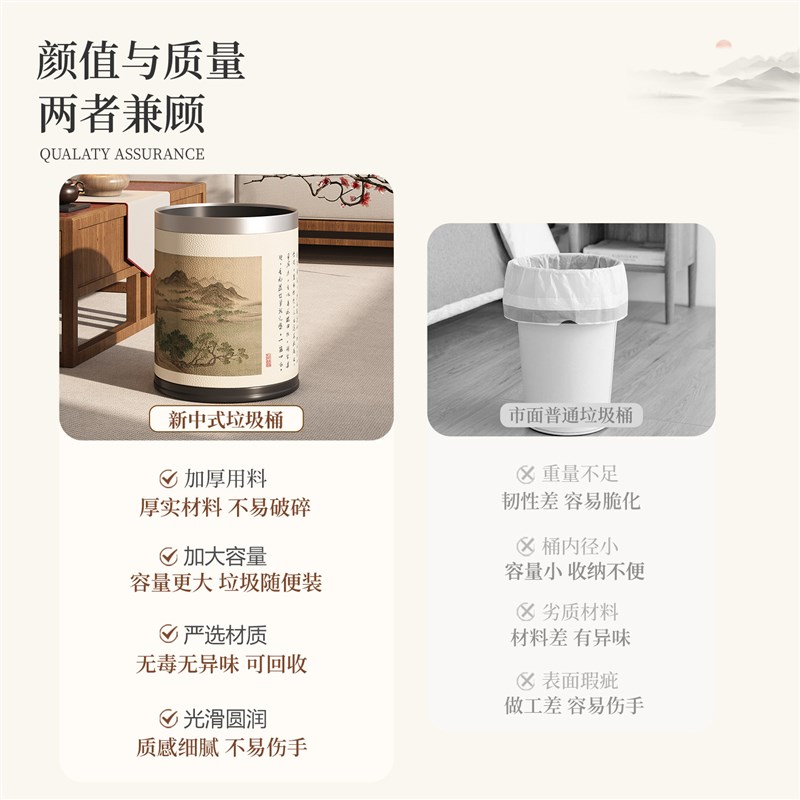 新中式皮革垃圾桶家用客厅大容量轻奢高端纸篓卧室厨房双层垃圾筒图片