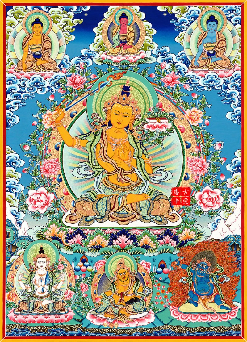 文殊菩萨唐卡挂画 新中式装饰画 客厅玄关办公室装饰 无框棉布画