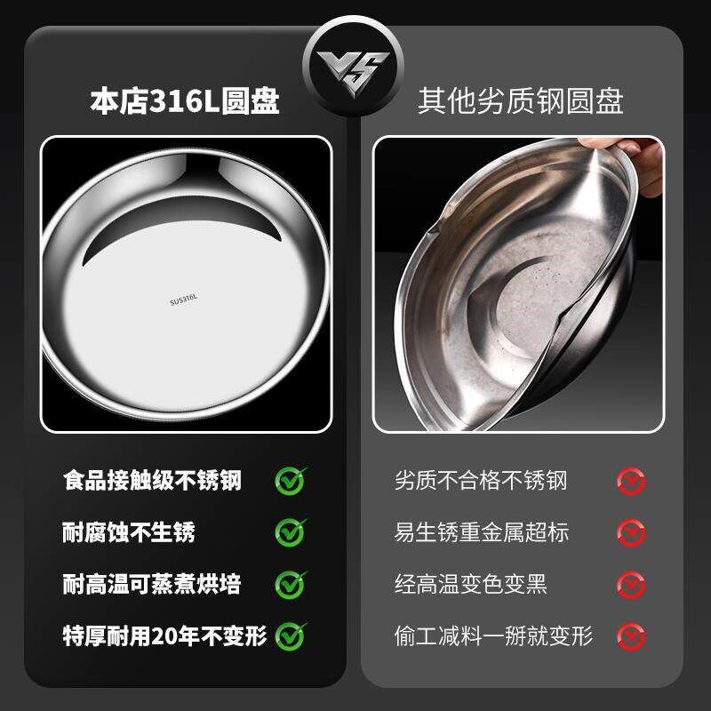 不锈钢盘子316食品级圆盘家用火锅配菜盘托盘浅盘碟子304铁盘蒸盘