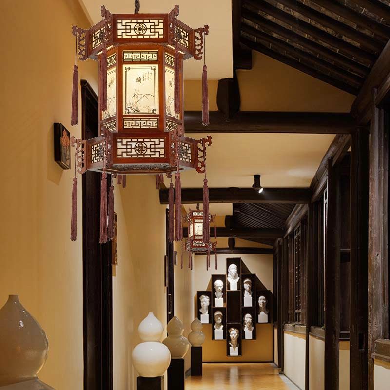 中式吊灯实木餐厅阳台灯具仿古长廊茶楼饭店祠堂红灯笼羊皮灯门口