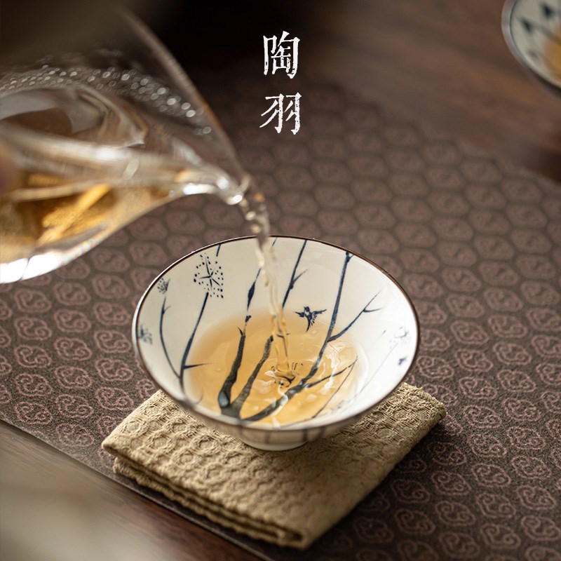 青花瓷功夫小茶杯茶具套装陶瓷斗笠杯茶盏杯单杯盖碗茶碗主人6只