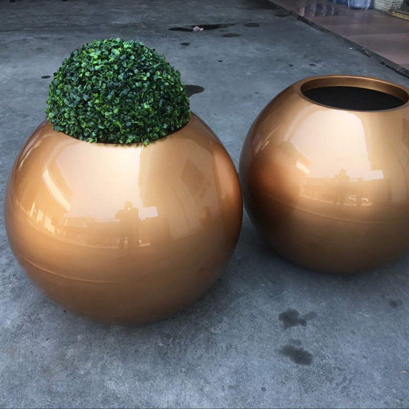 不锈钢花瓶 圆球花钵 金属花器 拉丝香槟金花盆 球形花钵花盆
