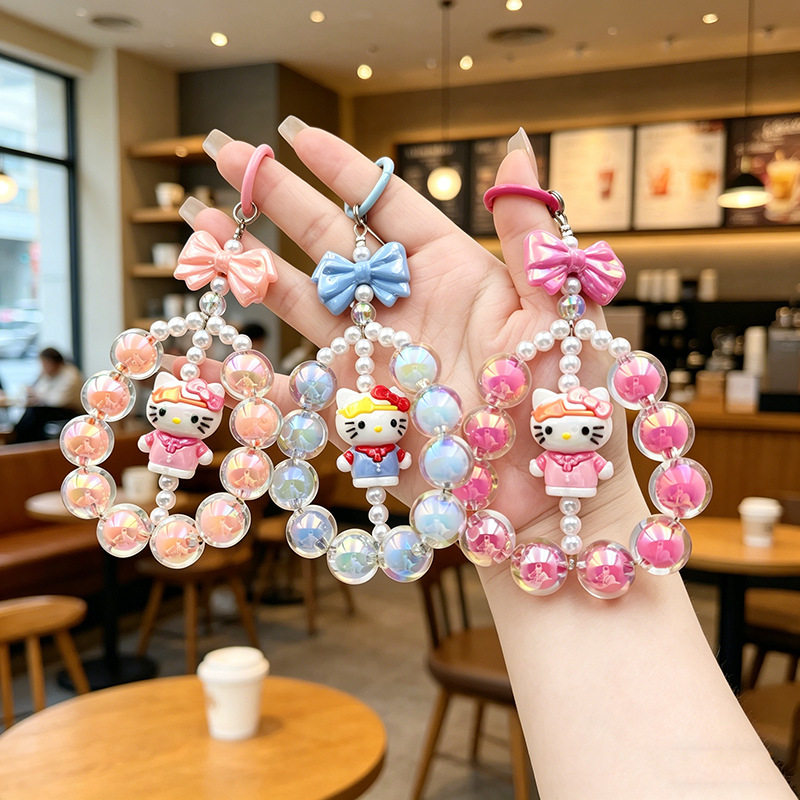 少女心KT猫串珠挂链,蝴蝶结公仔设计,包包汽车钥匙可爱配饰挂件