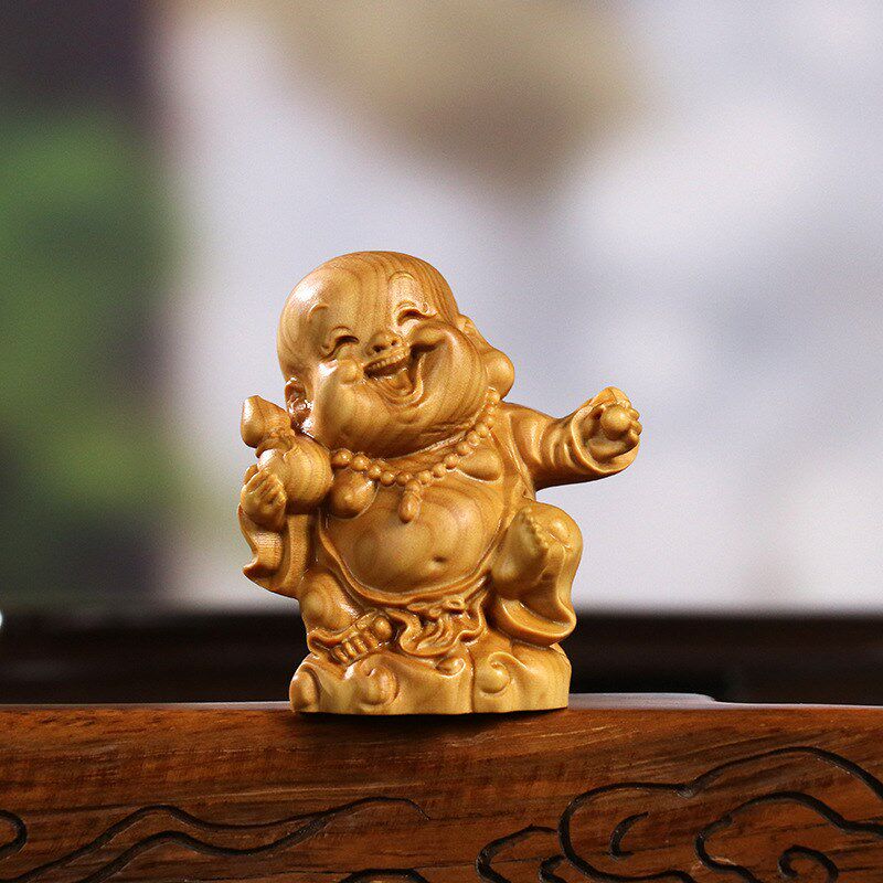 黄杨木雕福禄寿喜财笑脸弥勒佛新中式实木家居饰品手把件桌面摆件