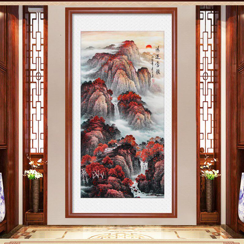 5D钻石画满钻新款玄关竖版旭日东升点粘贴钻十字绣客厅风景山水画