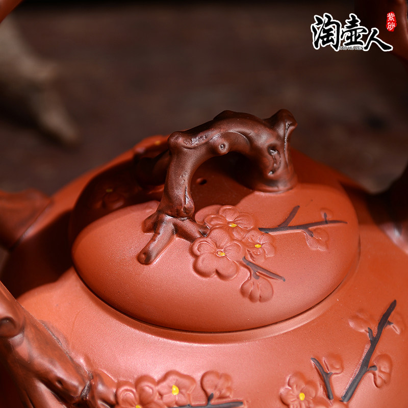 正品宜兴紫砂茶壶梅鹊报春仿古提梁壶1800ML大号水壶茶具摆件装饰