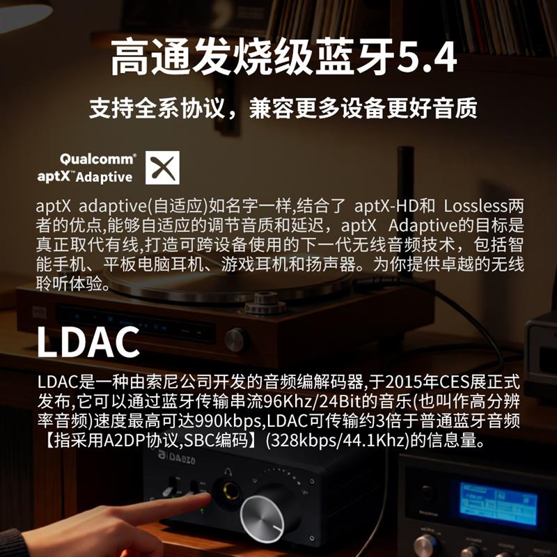 HiFi蓝牙5.4音频解码耳放LDAC无线接收配接器光纤同轴USB输入放大