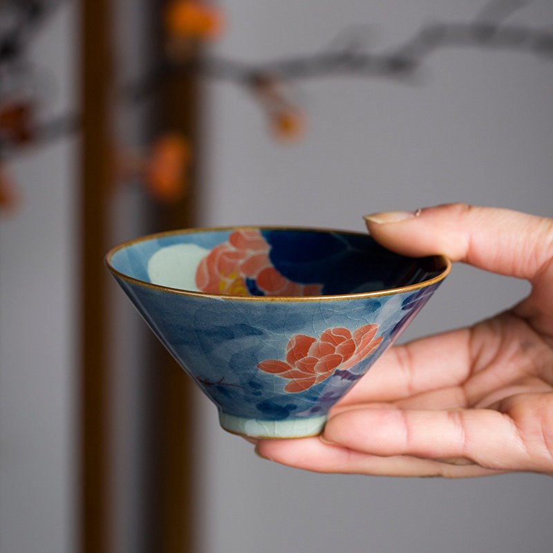 景德镇老陶泥月光荷花主人杯手绘茶杯女斗笠杯青花釉下彩单杯手工