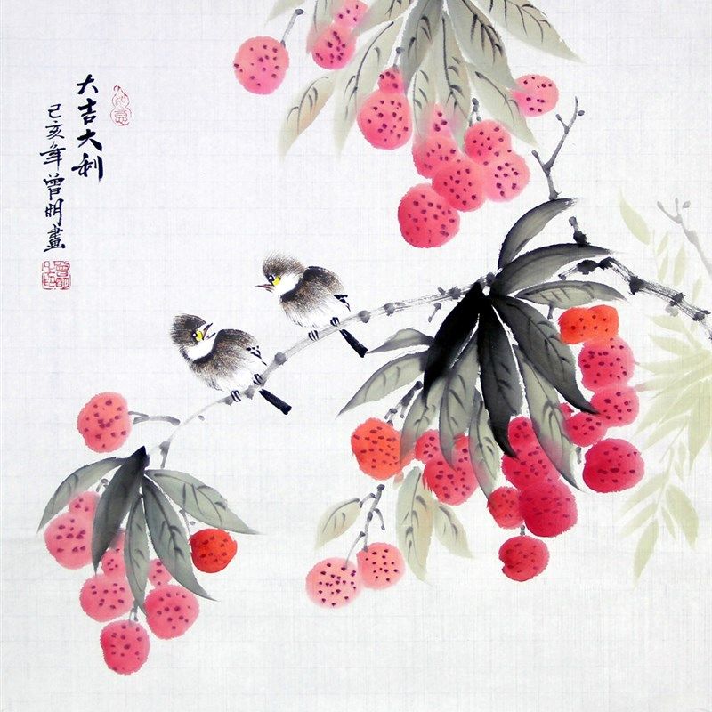 曾明手绘国画花鸟图 新中式风格玄关餐厅装饰画 无框宣纸画