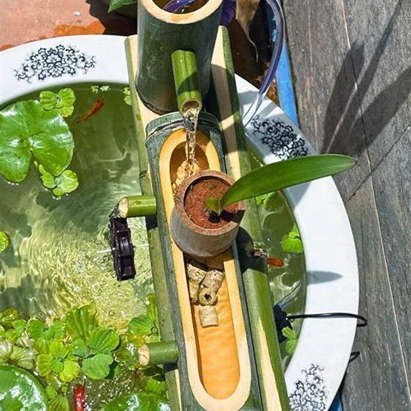 太阳能竹子流水器鱼缸过滤制氧增氧景观喷泉石槽摆件流水循环制氧